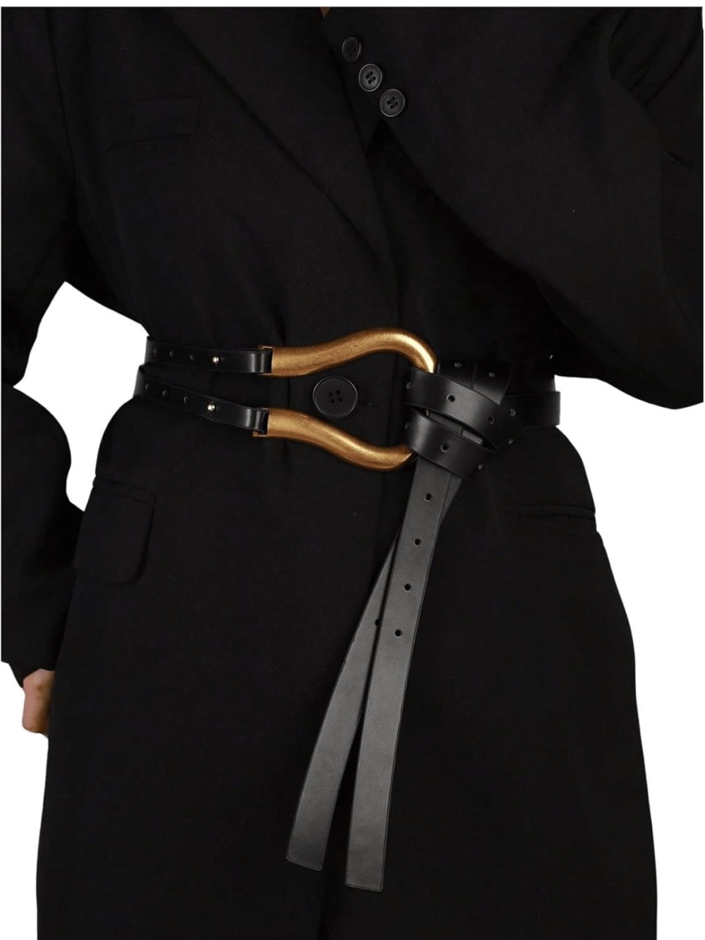 Sculptural Gold Buckle Black Leather Wrap Waist Belt